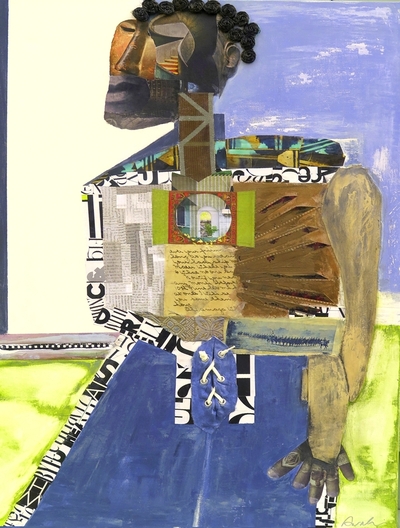 Created using a vintage love letter from 1909 to a woman named Amaza from NC. This mixed media painting has so much going for it. It is an colorful abstract male figure with lots of symbolism, black and white letters are about conversations, cut film negatives about memory, vintage photo of a Calvary is printed on fabric about fighting for his love of a woman named Amaza. ( I own 4 letters from 4 different men from the early 1900's) who fell in love with Amaza Reynolds) Mixed Media Painting, 36x24