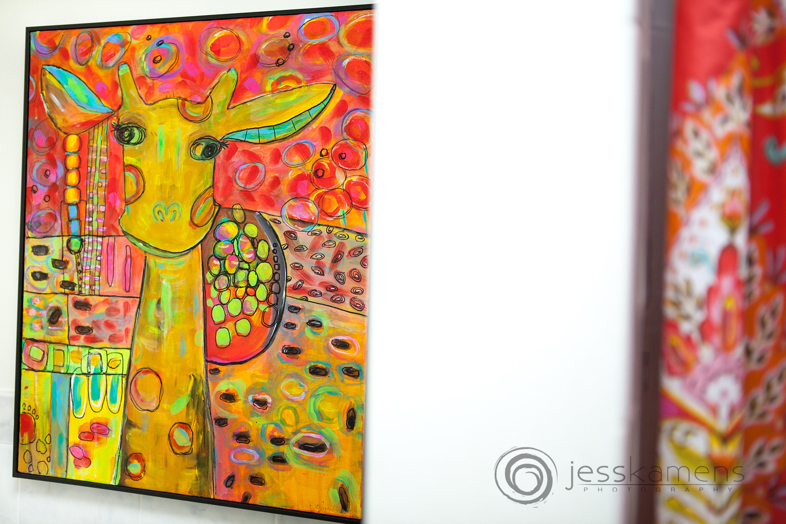 a painting of a giraffe using mainly warm colors by Renée A. Schuls-Jacobson