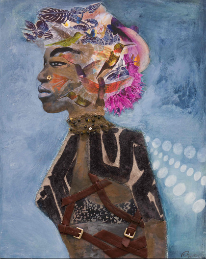 "Flourish" is a mixed media painting about a strong woman, who sees all paths open. Her head is made up of photos of flowers, leaves and hummingbirds. Hummingbirds symbolize personal growth, transformation and joy.
"Hummingbirds as spirit animals represent adaptability and endurance. They inspire individuals to embrace life’s fleeting moments with gratitude and enthusiasm."
*her left nostril has a delicate gold (metal, flower stud with red stone. Mixed Media Acrylic painting, 30x24.