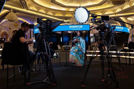 Dr. Makaziwe Mandela at the Momentum Live Studio powered by APCO during the Momentum Development Finance Conference at King Abdulaziz International Conference Center (KAICC) in Riyadh, Saudi Arabia on December 10, 2025. (Photo by Christopher Pike for APCO)