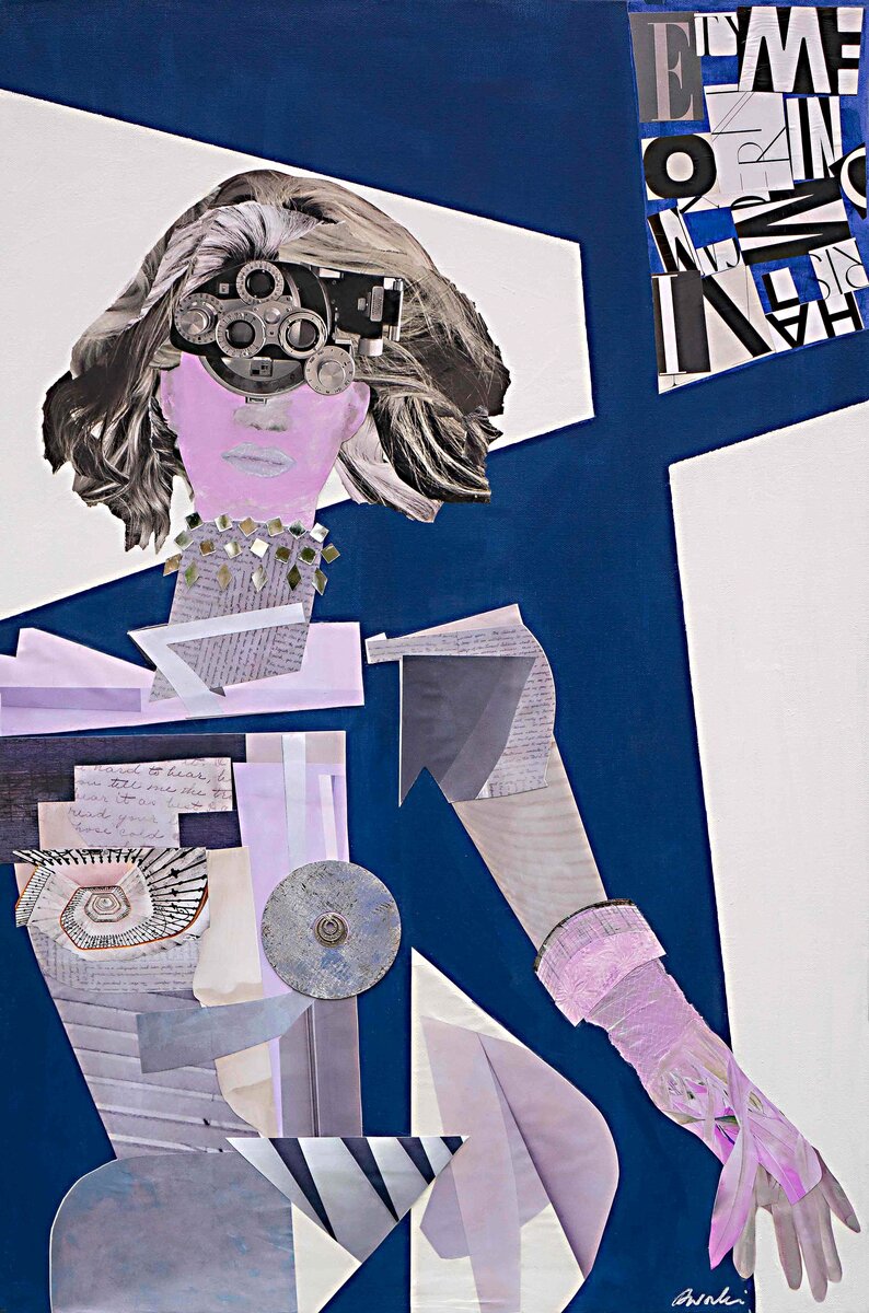 
Whiskey a Go-Go is a retro 70's acrylic painting rendered in the cubist style. The artist has incorporated fragments of original architectural photographs, carefully cut and arranged to form sections of the figure's torso.

Vintage love letters and assorted cut letters are collaged, hinting at a silent conversation within the piece. Optical lens equipment covers over her eyes, symbolizing a heightened awareness of the world around her. The painting is a unique and fun piece, featuring a palette of pinks, grays, and indigo blue.