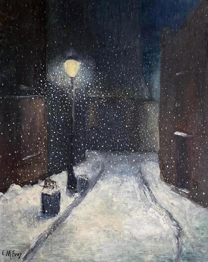 Eugenie McEvoy (1879-1975) Snowfall in the City 16x20 o/c slr   $2800