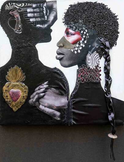 Mixed Media Painting. "Love gives us the connection, direction, security and self-worth we all desire.  It protects us from the harsh realities of this beautiful mess of a world.  Within the context of gazing inward, it provides a foundation for looking outward fearlessly. As we come together in relationships, what do we turn our back on to form secure, sacred bonds of love and respect?"~
 