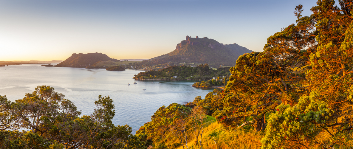 Elevated view towards Mt. Manaia at Sunset, Whangarei Heads, Whangarei, Northland, North Island, New Zealand