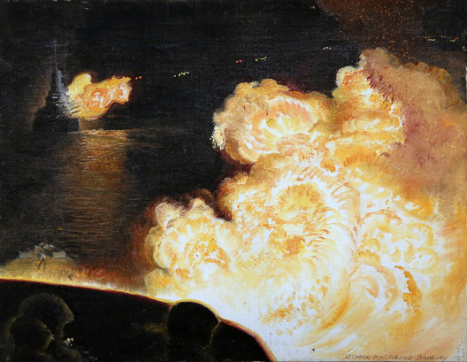 McClellend Barclay (1891-1943) Night Naval Battle 1943 - 12x16 o/b slr - notes on verso   $2750