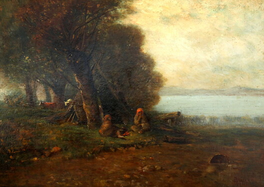 Indian Encampment (1880's?) 10x14 o/b - signed illegibly    $1000 (unframed)